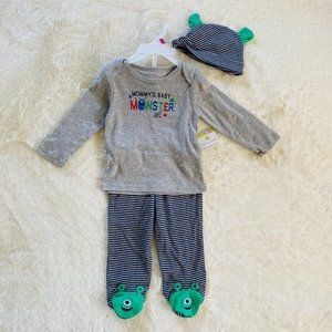 2/$18🌴 NEW Baby Boy 3pc Outfit Mommy's Baby Monster Hat Pants Shirt Halloween